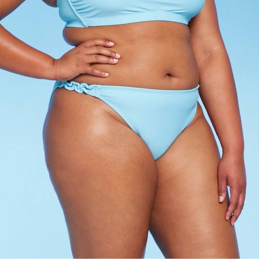NWT Wild Fable 1X (17-18) Ruffle Strap High Leg Cheeky Blue Bikini Swim Bottom
